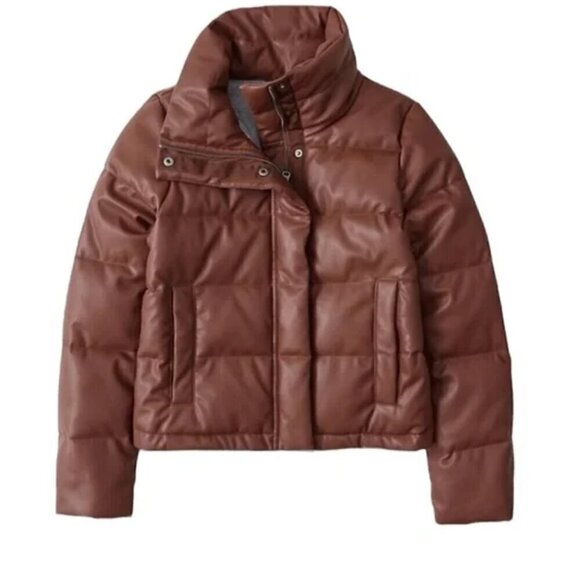Abercrombie & Fitch - Mini Puffer Coat Jacket Vegan Leather Brown- MED🤎 - Picture 4 of 9